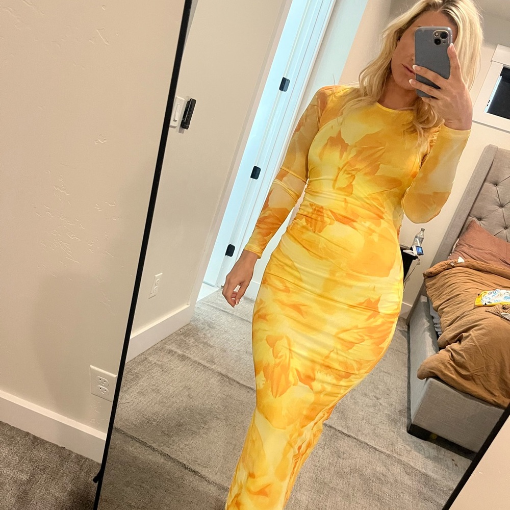 Yellow Floral Long Sleeve Dress